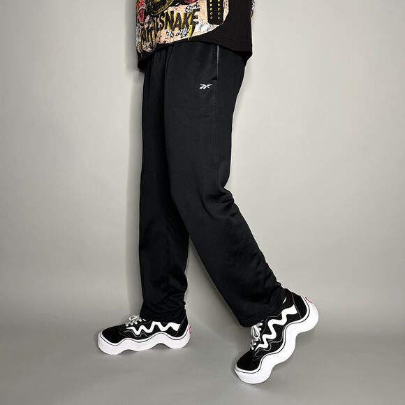 Reebok Sweatpants Jet Black Polyester White Logo - Picture 1 of 4
